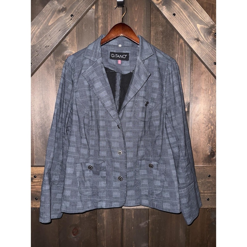 GITANO VTG Womens 16W Gray Black Plaid Blazer Jacket Button Front Pocket